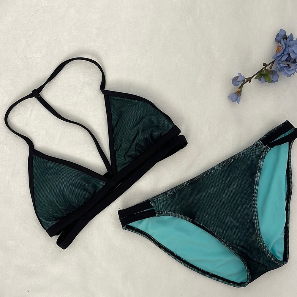 XHILIRATION | Women’s Blue Black Strappy Mesh Net Triangle Bikini Set Size Small